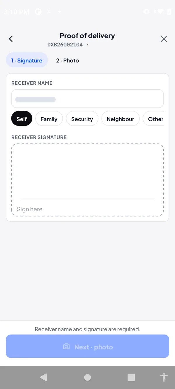 Courier proof of delivery screen: receiver name, relationship to consignee, signature pad and photo step