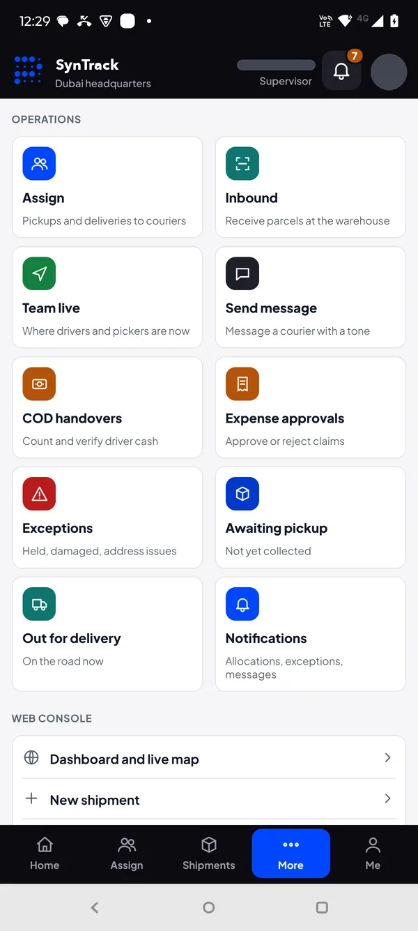 Courier supervisor app operations menu: assign, inbound, team live, send message, COD handovers, expense approvals, exceptions, awaiting pickup, out for delivery and notifications