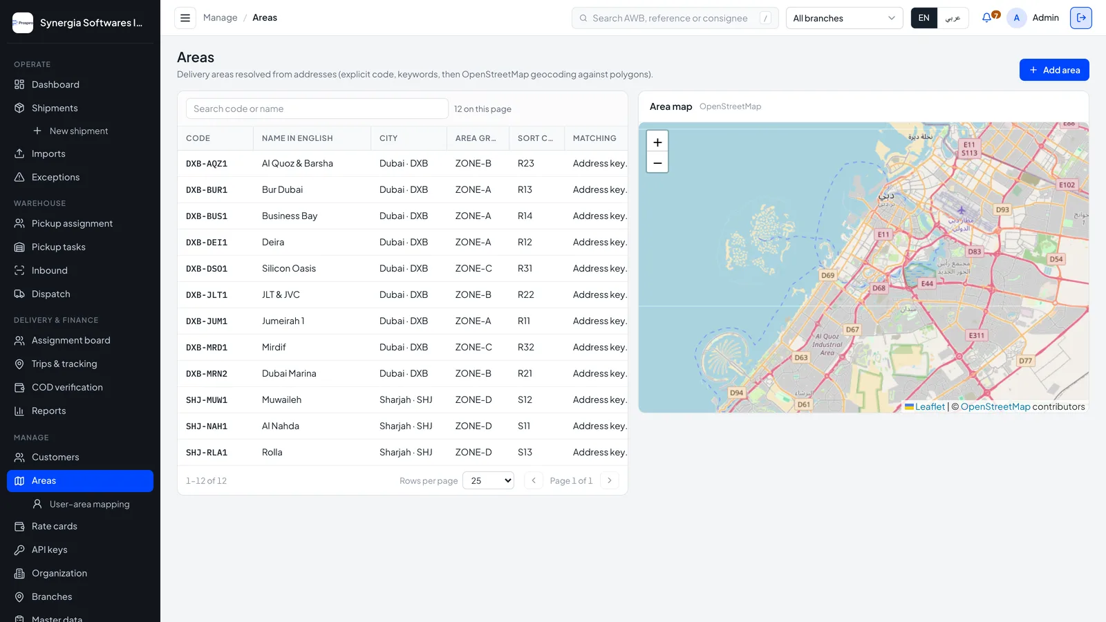 Courier delivery areas master: area codes, names, city, zone and sort code for Dubai and Sharjah areas, with an OpenStreetMap area map
