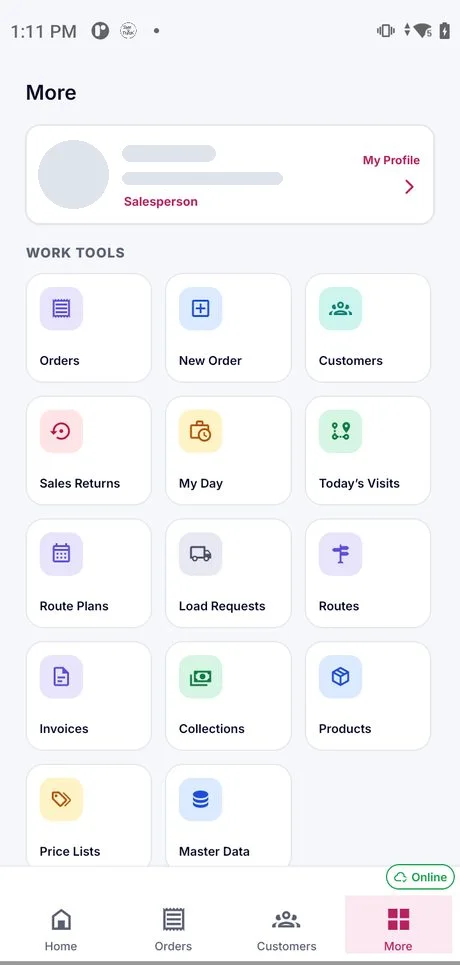 Van sales app Work Tools menu: orders, new order, customers, sales returns, my day, today’s visits, route plans, load requests, routes, invoices, collections, products, price lists and master data